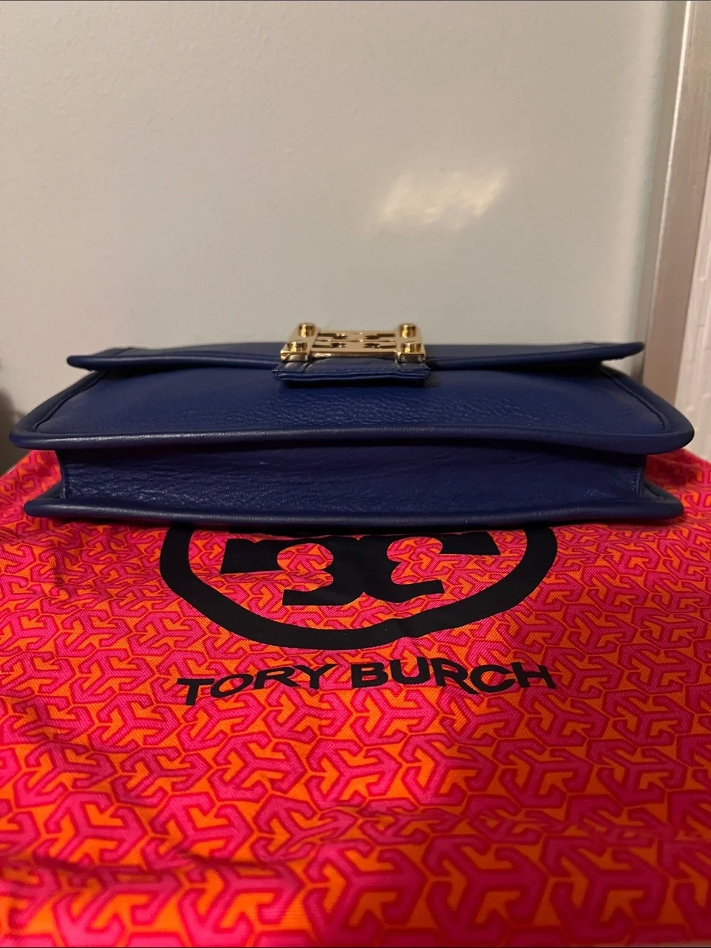 Tory Burch Royal Blue Leather Clutch with Gold Hardware